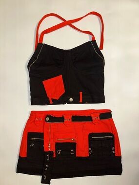 AKIRA Label Motor Sport Corset Top & Mini Skirt Set Black Red Y2K Moto Denim 2PC
